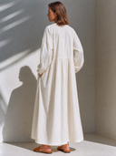 Women's Retro Casual Cotton Solid Color V-Neck Long Sleeve Maxi Dress ZMZ2383G1ZJY