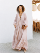 Women's Vacation Pale Pink V-Neck Pure Cotton Tiered Long-Sleeve Maxi Dress ZMZ2381G1SWL