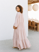 Women's Vacation Pale Pink V-Neck Pure Cotton Tiered Long-Sleeve Maxi Dress ZMZ2381G1SWL