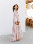 Women's Vacation Pale Pink V-Neck Pure Cotton Tiered Long-Sleeve Maxi Dress ZMZ2381G1SWL
