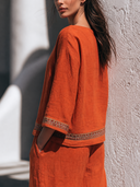 Women Premium Cotton Linen 2 Piece Set Boat Neck Button Blouse Wide Leg Pants Ethic Trim Casual Outfit ZMZ2268G2YZH