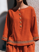 Women Premium Cotton Linen 2 Piece Set Boat Neck Button Blouse Wide Leg Pants Ethic Trim Casual Outfit ZMZ2268G2YZH