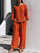 Women Premium Cotton Linen 2 Piece Set Boat Neck Button Blouse Wide Leg Pants Ethic Trim Casual Outfit ZMZ2268G2YZH