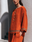 Women Premium Cotton Linen 2 Piece Set Boat Neck Button Blouse Wide Leg Pants Ethic Trim Casual Outfit ZMZ2268G2YZH