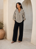 Women's Classic Cotton Striped V-Neck Ruffle Trim Long Sleeve Blouse ZMZ2350G4SWL