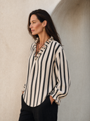 Women's Classic Cotton Striped V-Neck Ruffle Trim Long Sleeve Blouse ZMZ2350G4SWL