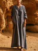 Women Premium Cotton Oversized Maxi Dress Henley Half Button Long Sleeve Side Pocket Loose Vacation Kaftan Tunic ZMZ2462G8YZH