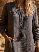 Women Premium Cotton Midi Dress Henley Half Button Long Sleeve Side Patch Pocket Loose Casual Vacation Tunic ZMZ2490G8YZH