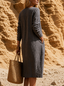 Women Premium Cotton Midi Dress Henley Half Button Long Sleeve Side Patch Pocket Loose Casual Vacation Tunic ZMZ2490G8YZH