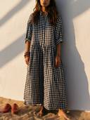 Women Black White Gingham Linen Maxi Shirt Dress Collar Button Front Long Sleeve Tiered Loose Bohemian Casual Dress ZMZ2449G4YZH