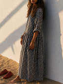 Women Black White Gingham Linen Maxi Shirt Dress Collar Button Front Long Sleeve Tiered Loose Bohemian Casual Dress ZMZ2449G4YZH