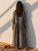 Women Black White Gingham Linen Maxi Shirt Dress Collar Button Front Long Sleeve Tiered Loose Bohemian Casual Dress ZMZ2449G4YZH