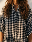 Women Black White Gingham Linen Maxi Shirt Dress Collar Button Front Long Sleeve Tiered Loose Bohemian Casual Dress ZMZ2449G4YZH