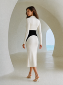 Women's Retro Casual Knit Color Block Slim Fit Lapel Zipper Long Sleeve Midi Dress ZMZ2432G3ZJY