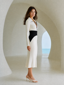 Women's Retro Casual Knit Color Block Slim Fit Lapel Zipper Long Sleeve Midi Dress ZMZ2432G3ZJY