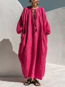 Women's Casual Vacation Style Round Neck And Lantern Sleeves Loose Cotton-Linen Maxi Dress ZMZ2495G3ZYY