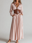 Women's Retro Casual Cotton Solid Color Lapel Slim Fit Long Sleeve Maxi Dress ZMZ2486G6ZJY