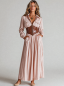 Women's Retro Casual Cotton Solid Color Lapel Slim Fit Long Sleeve Maxi Dress ZMZ2486G6ZJY