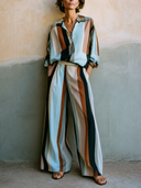 Women's Stylish Color-Block Striped Cotton Long-Sleeve V-Neck Top And Wide-Leg Pants Two-Piece Set ZMZ2372G4SWL