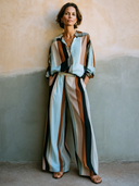 Women's Stylish Color-Block Striped Cotton Long-Sleeve V-Neck Top And Wide-Leg Pants Two-Piece Set ZMZ2372G4SWL