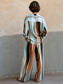 Women's Stylish Color-Block Striped Cotton Long-Sleeve V-Neck Top And Wide-Leg Pants Two-Piece Set ZMZ2372G4SWL