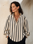 Women's Classic Cotton Striped V-Neck Ruffle Trim Long Sleeve Blouse ZMZ2350G4SWL