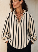 Women's Classic Cotton Striped V-Neck Ruffle Trim Long Sleeve Blouse ZMZ2350G4SWL