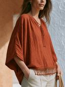 Women Cotton Blend Boho V Neck Tie Front Blouse Batwing 3/4 Sleeve Cropped Top Tassel Hem Casual Shirt ZMZ2321G1YZH