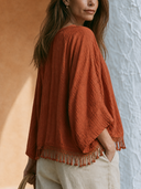 Women Cotton Blend Boho V Neck Tie Front Blouse Batwing 3/4 Sleeve Cropped Top Tassel Hem Casual Shirt ZMZ2321G1YZH
