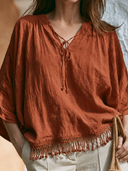 Women Cotton Blend Boho V Neck Tie Front Blouse Batwing 3/4 Sleeve Cropped Top Tassel Hem Casual Shirt ZMZ2321G1YZH
