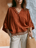 Women Cotton Blend Boho V Neck Tie Front Blouse Batwing 3/4 Sleeve Cropped Top Tassel Hem Casual Shirt ZMZ2321G1YZH