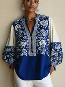 Women's Classic V-Neck Floral Print Long-Sleeve Top ZMZ2438G1SWL