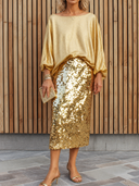 Women's Retro Casual Round Neck Long Sleeve Top And Sequined Skirt Set ZMZ2433G9ZJY