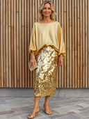 Women's Retro Casual Round Neck Long Sleeve Top And Sequined Skirt Set ZMZ2433G9ZJY