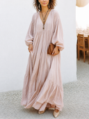 Women's Vacation Pale Pink V-Neck Pure Cotton Tiered Long-Sleeve Maxi Dress ZMZ2381G1SWL