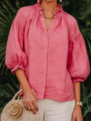 Women's Retro Casual Cotton Linen Solid Color Three-Quarter Sleeve Shirt ZMZ2469G6ZJY