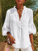 Women's Retro Casual Cotton Linen Solid Color Three-Quarter Sleeve Shirt ZMZ2473G3ZJY