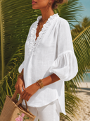 Women's Retro Casual Cotton Linen Solid Color Three-Quarter Sleeve Shirt ZMZ2473G3ZJY
