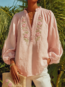 Women's Retro Casual Rose Embroidery Stand Collar Button Cotton Linen Long Sleeve Shirt ZMZ2432G0ZJY