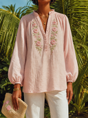 Women's Retro Casual Rose Embroidery Stand Collar Button Cotton Linen Long Sleeve Shirt ZMZ2432G0ZJY