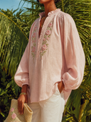 Women's Retro Casual Rose Embroidery Stand Collar Button Cotton Linen Long Sleeve Shirt ZMZ2432G0ZJY
