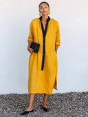 Women's Classic Color-Blocked V-Neck Side-Slit Long-Sleeve Midi Dress ZMZ2471G5SWL