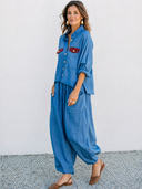 Women's Classic Blue Cotton-Linen Long-Sleeve Shirt And Wide-Leg Trousers Set ZMZ2492G7SWL