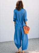 Women's Classic Blue Cotton-Linen Long-Sleeve Shirt And Wide-Leg Trousers Set ZMZ2492G7SWL