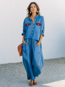 Women's Classic Blue Cotton-Linen Long-Sleeve Shirt And Wide-Leg Trousers Set ZMZ2492G7SWL