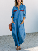 Women's Classic Blue Cotton-Linen Long-Sleeve Shirt And Wide-Leg Trousers Set ZMZ2492G7SWL