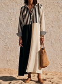Women Linen Blend Color Block Striped Shirt Maxi Dress Collar Button Front Asymmetrical Split Vacation Long Tunic ZMZ2467G7YZH