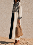 Women Linen Blend Color Block Striped Shirt Maxi Dress Collar Button Front Asymmetrical Split Vacation Long Tunic ZMZ2467G7YZH
