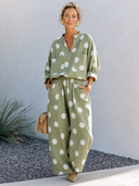 Women's Classic V-Neck Cotton Polka-Dot Long-Sleeve Top And Wide-Leg Pants Two-Piece Set ZMZ2466G1SWL