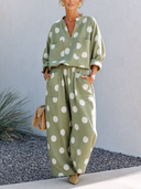 Women's Classic V-Neck Cotton Polka-Dot Long-Sleeve Top And Wide-Leg Pants Two-Piece Set ZMZ2466G1SWL